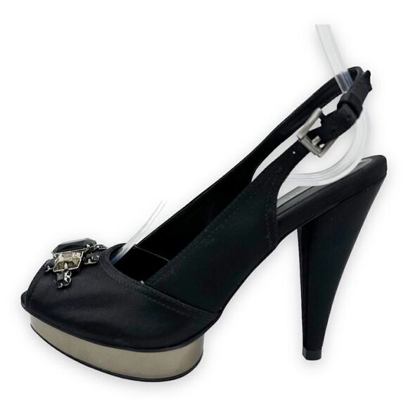 BCBGMaxAzria Black Satin Jeweled Sandals w/Mirrored Platform Cone Heel‎ Sz 8 38 - Picture 2 of 15